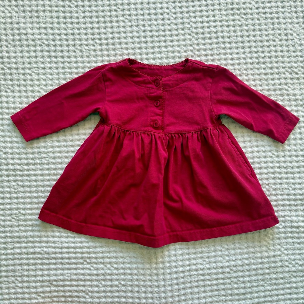 Lands’ End Vintage Baby Dress Raspberry Pink Long Sleeve Button Front Cotton 6M